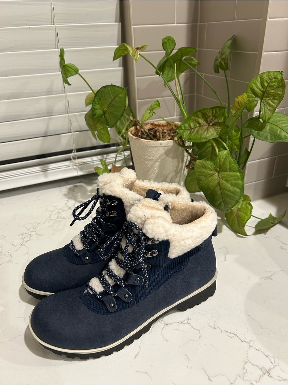 JBU Navy and Cream Fleece-Lined Winter Boots